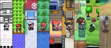 Evolutions des graphismes Pokémon jeux par jeux. 9 extraits de jeu. Comparatif de personnages se déplaçant de gauche à droite.
