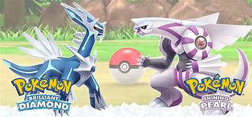 Couverture des jeux Pokémon Diamant étincelant et Perle scintillante. Deux Pokémon au premier plan avec une pokéball en fond sur un sol herbeux.